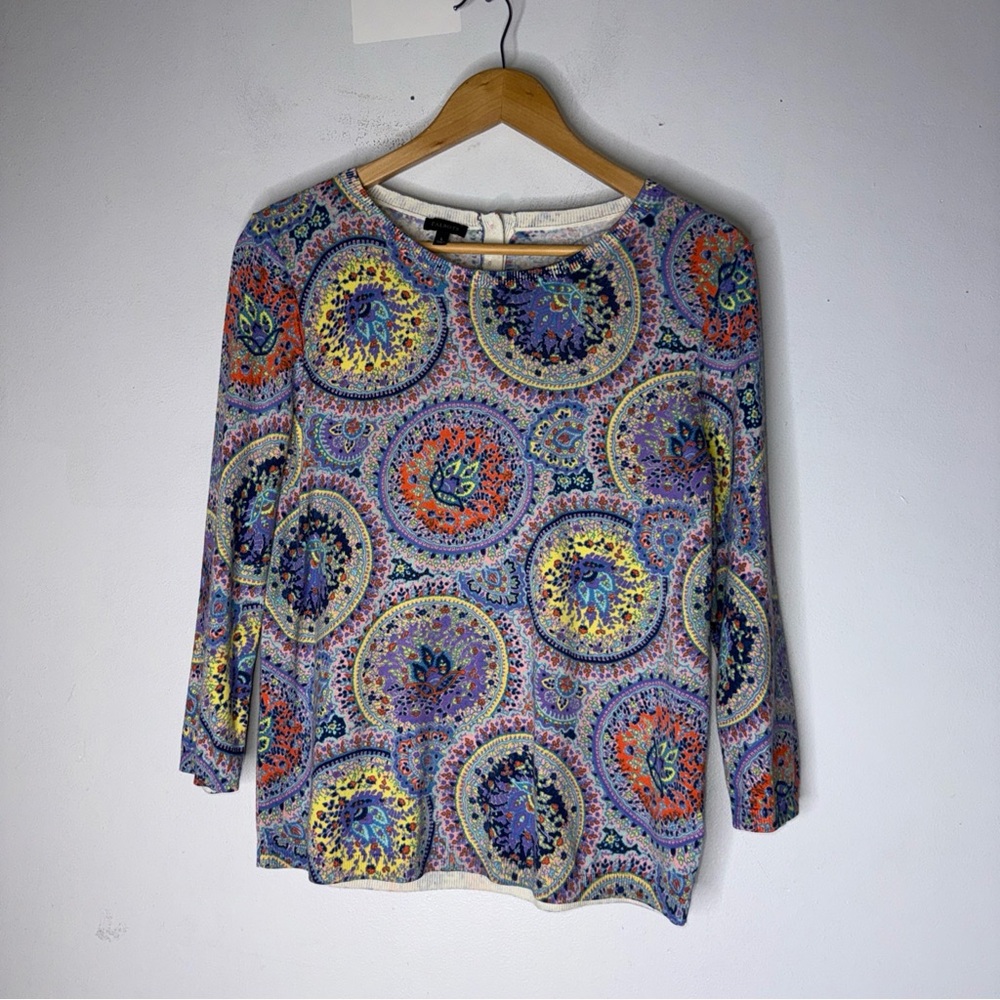 Talbots Multicolor Medallion Floral Cotton Blend Sweater 3/4 Sleeve Large